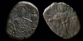 John II (1118-1143) AE half tetarteron, issued c. 1137-43. Thessalonica, 1.96g, 12.5-16.5mm.
Obv: Christ Pantokrator standing facing on dais.
Rev: Fac...
