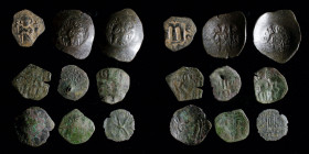 Late Byzantine & imitations group (9 coins): includes Manuel I trachy, Isaac II trachy, Latin Rulers trachy, 2 Bulgarian trachies, Palaeologan trachie...