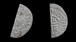 ENGLAND: John or Henry III (1199-1272), AR Cut Penny. Short Cross type. Canterbury Mint, 0.71g, 17x9mm.
Obv: (Hen)Ricvs R(EX).
Rev: SANV_ _ _ _ _ _ _ ...