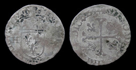 FRANCE: Henry IV (1589-1610), AR Douzain, issued 1594.  1.6g, 23mm.
Obv: FRAN.ET.NA.REX.B.HENRICVS.IIII.DG. Crowned 3 fleur-de-lis coat of arms, H on ...