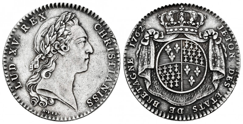 France. Louis XV. Jeton. 1762. (Feuardent-8772). Ag. 6,69 g. Arms of France and ...