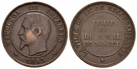 France. Napoleon III. Medal. 1853. (Gad-3365). Anv.: NAPOLEON III EMPEREUR. Head to left, below signature BARRE. Rev.: LA VILLE DE LILLE RECONNAISSANT...