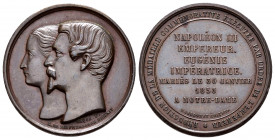France. Napoleon III. Medal. 1853. (Collignon-1581). Ae. 11,18 g. Wedding with Eugenie de Montijo at Notre-Dame Cathedral (Paris). 28mm. Choice VF. Es...