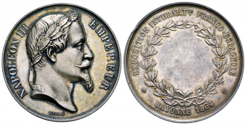 France. Napoleon III. Medal. 1864. Bayonne. Ag. 38,04 g. Franco-Spanish internat...