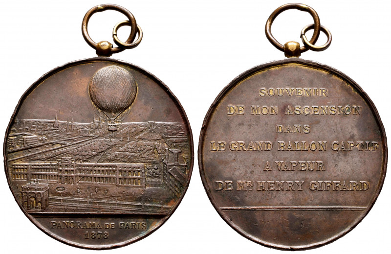 France. Medal. 1878. Anv.: Aerial view of Paris over which a balloon flies, in e...