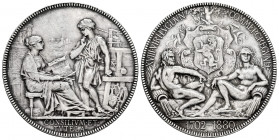 France. Medal. 1880. Anv.: XVIII. VIRI. LVGDVN. - COMMERC. REGVND 1702-1880. The Rhone and Saone seated, pouring water into urns, behind them tree wit...