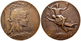 France. Medal. 1900. Anv.: Large head of Marianne beneath an oak tree, a branch of which decorates her head, with a bridge and a view of the city in t...