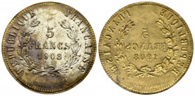France. 5 francs. 1908. Paris. Ae. 1,08 g. Curious proof of the reverse, made of silver-plated brass. Choice VF. Est...40,00. 


 SPANISH DESCRIPTI...