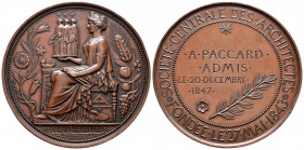 France. Medal. Anv.: THE BEAUTIFUL THE TRUE THE USEFUL. Allegory of Architecture seated, carrying three small allegories (Structure, Form and Colour),...