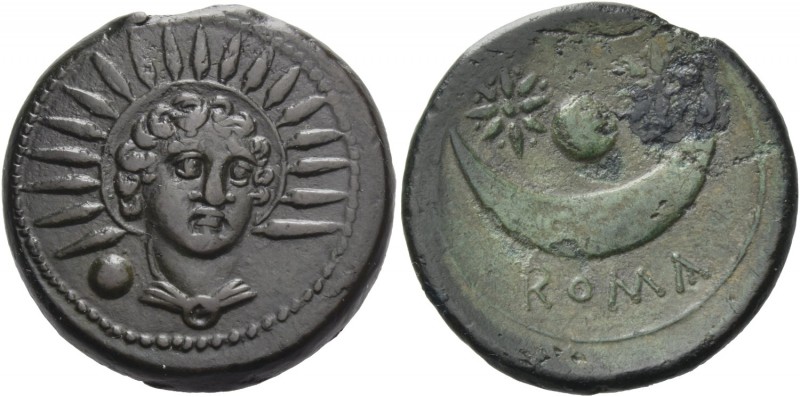 Uncia circa 217-215, Æ 11.45 g. Draped bust of Sol facing; in l. field, pellet. ...