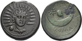 Uncia circa 217-215, Æ 11.45 g. Draped bust of Sol facing; in l. field, pellet. Rev. Pellet between two stars over crescent; below, ROMA. Sydenham 96....