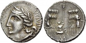 The Bellum Sociale. Denarius, Corfinium circa 90, AR 3.73 g. Laureate head of Italia l.; behind, ITALIA. Rev. Oath-taking scene: Eight soldiers, four ...