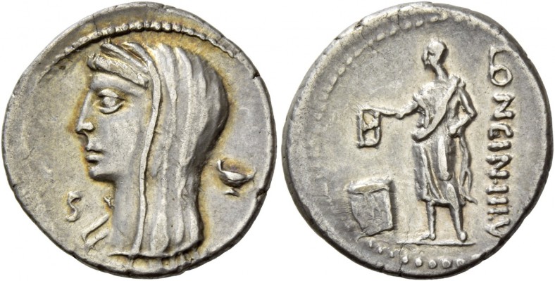 L. Cassius Longinus. Denarius 63, AR 3.97 g. Diademed and veiled head of Vesta l...