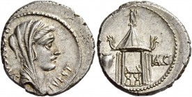 Q. Cassius Longinus. Denarius 55, AR 4.08 g. Q·CASSIVS – VEST Veiled head of Libertas r. Rev. Temple of Vesta with curule chair inside; in l. field, u...
