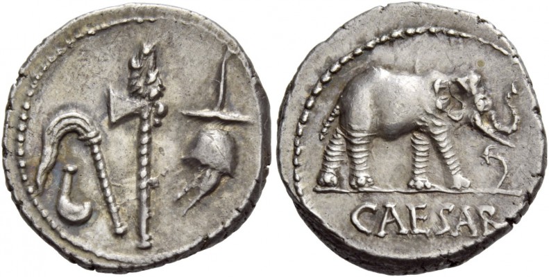C. Iulius Caesar. Denarius, mint moving with Caesar 49-48, AR 3.92 g. Pontifical...