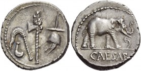 C. Iulius Caesar. Denarius, mint moving with Caesar 49-48, AR 3.92 g. Pontifical emblems: culullus, aspergillum, axe and apex. Rev. Elephant r., tramp...