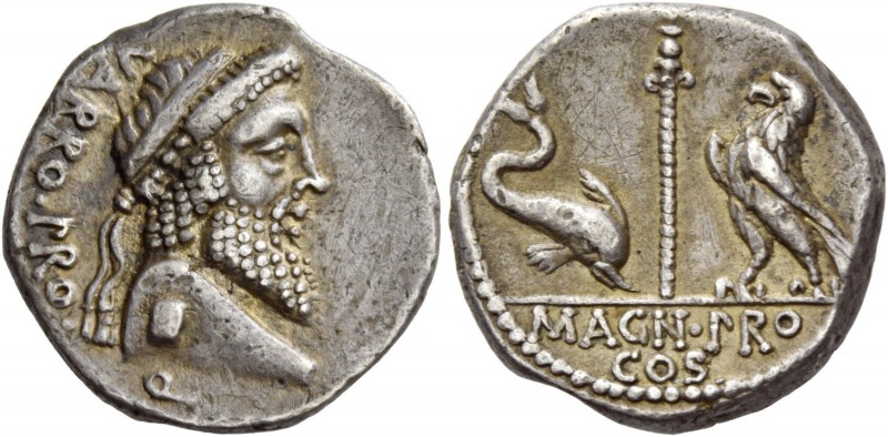 Cn. Pompeius Magnus and Terentius Varro. Denarius, mint moving with Pompey 49, A...
