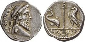 Cn. Pompeius Magnus and Terentius Varro. Denarius, mint moving with Pompey 49, AR 3.93 g. VARRO·PRO – Q Terminal bust of Jupiter r., wearing diadem. R...