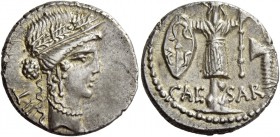 C. Iulius Caesar. Denarius, Illyria (Apollonia ?) early to mid 48, AR 3.76 g. Female head r., wearing diadem and oak wreath; behind, TII. Rev. CAE – S...