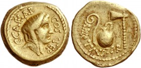 C. Iulius Caesar and A. Hirtius. Aureus 46, AV 7.78 g. C·CAESAR – COS TER Veiled head of Vesta r. Rev. A·HIRTIVS·P·R Lituus, jug and axe. Babelon Juli...