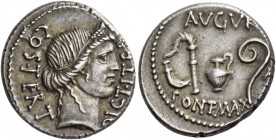 C. Iulius Caesar. Denarius, Sicily (?) 46, AR 3.97 g. COS·TERT – DICT·ITER Head of Ceres r., wearing wreath of barley. Rev. AVGVR Culullus, aspergillu...