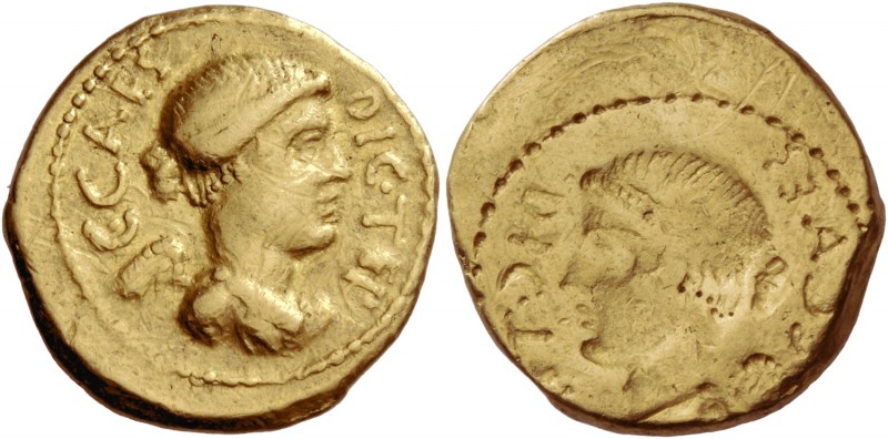 C. Iulius Caesar and L. Munatius Plancus. Brockage aureus circa 45, AV 8.05 g. C...