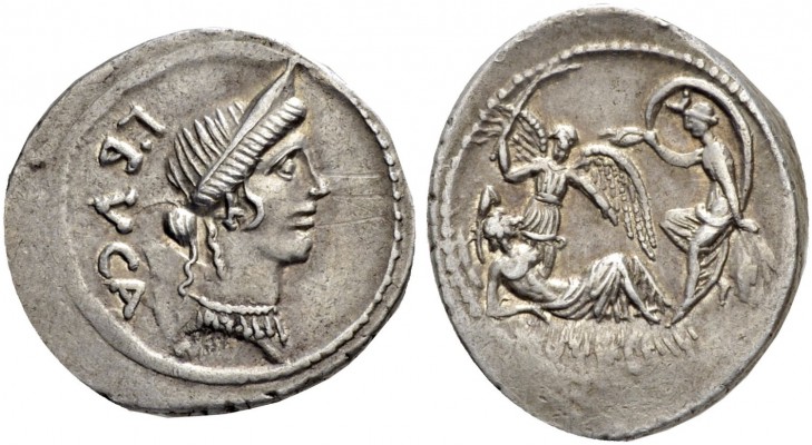 L. Aemilius Buca. Denarius 44, AR 3.88 g. L·BVCA Diademed head of Venus r. Rev. ...