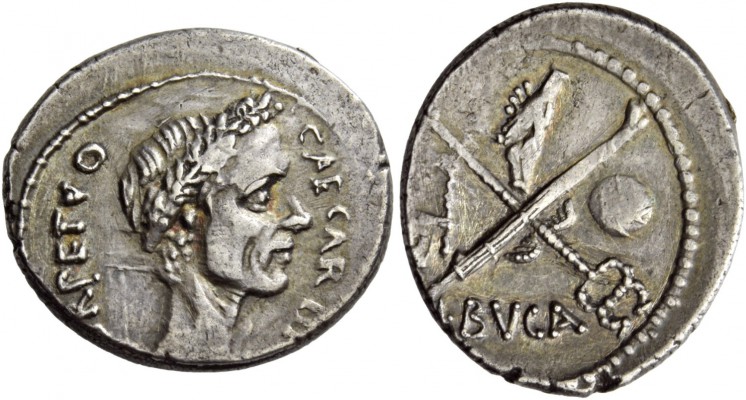 C. Iulius Caesar with L. Aemilius Buca. Denarius 44, AR 3.49 g. CAESAR·DI[CT] – ...