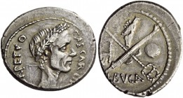 C. Iulius Caesar with L. Aemilius Buca. Denarius 44, AR 3.49 g. CAESAR·DI[CT] – [PE]RPETVO Wreathed head of Caesar r. Rev. Fasces and caduceus in salt...