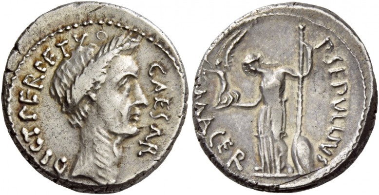 C. Iulius Caesar and P. Sepullius Macer. Denarius 44, AR 3.87 g. CAESAR – DICT P...