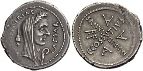 C. Iulius Caesar and C. Cossutius Maridianus. Denarius 44, AR 3.53 g. CAESAR – [PARENS]· PATRIAE Veiled and wreathed head of Caesar r.; behind, apex /...