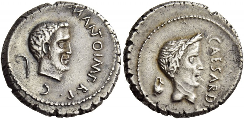 Marcus Antonius. Denarius, Gallia Cisalpina 43, AR 4.17 g. M ANTO IMP·R·P·C Bear...