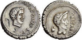 Marcus Antonius. Denarius, Gallia Cisalpina 43, AR 4.17 g. M ANTO IMP·R·P·C Bearded head of Marcus Antonius r.; behind, lituus. Rev. CAESAR DI[C] Laur...
