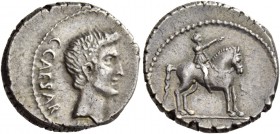 C. Caesar Octavianus. Denarius, Gallia Cisalpina 43, AR 3.62 g. C·CAESAR – [III·VIR·R·P·C·] Head of Octavian r., slightly bearded. Rev. Equestrian sta...