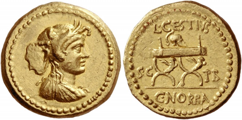 L. Cestius and C. Norbanus. Aureus January-April 43, AV 8.06 g. Draped bust of A...