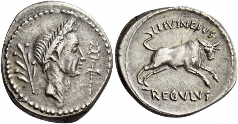 L. Livineius Regulus. Denarius 42, AR 3.81 g. Laureate head of Caesar r.; behind...