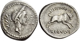 L. Livineius Regulus. Denarius 42, AR 3.81 g. Laureate head of Caesar r.; behind, laurel branch and before, caduceus. Rev. L·LIVINEIVS / REGVLVS Bull ...