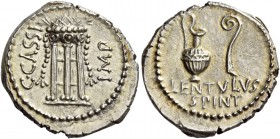 C. Cassius and Lentulus Spint. Denarius, mint moving with Brutus and Cassius 43-42, AR 3.90 g. C·CASSI – IMP Tripod with cortina, decorated with two l...