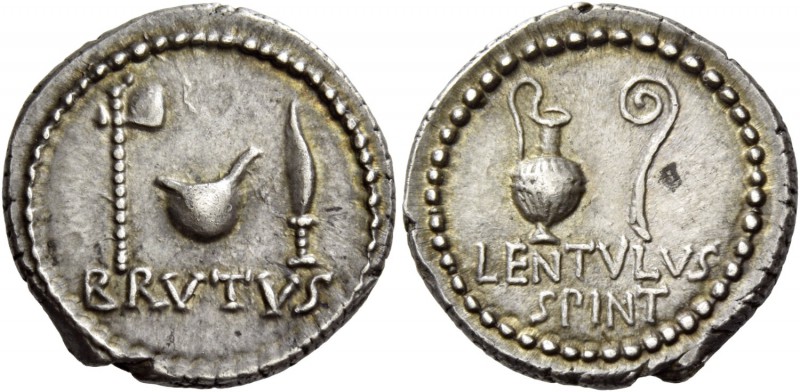 Q. Caepio Brutus and Lentulus Spint. Denarius, mint moving with Brutus and Cassi...