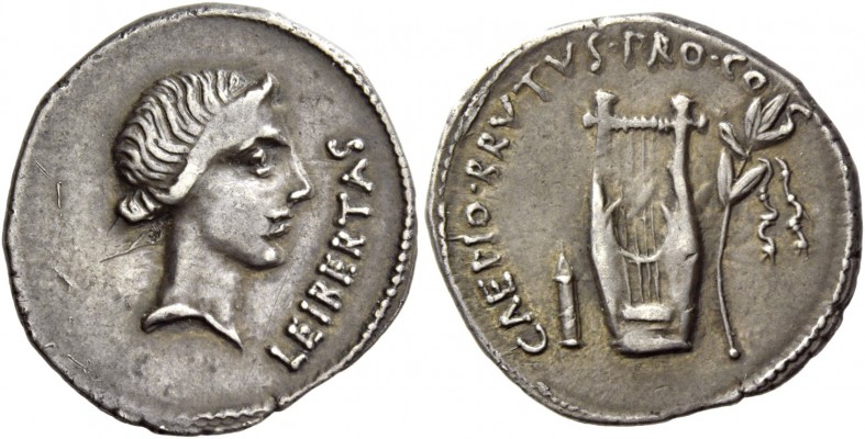 Q. Caepio Brutus. Denarius, mint moving with Brutus 43-42, AR 3.69 g. LEIBERTAS ...