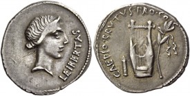 Q. Caepio Brutus. Denarius, mint moving with Brutus 43-42, AR 3.69 g. LEIBERTAS Head of Libertas r. Rev. CAEPIO·BRVTVS·PRO·CO – S Plectrum, lyre and l...