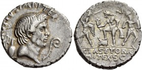 Sextus Pompeius. Denarius, Sicily 37-36, AR 3.92 g. [MA]G·PIVS·IMP·ITER Head of Cn. Pompeius Magnus r.; behind, jug and before, lituus. Rev. [PRÆF] Ne...