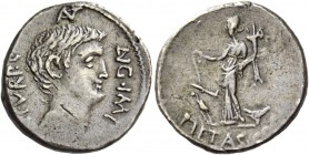 Marcus Antonius. Denarius, mint moving with Marcus Antonius 41, AR 3.54 g. ANT – AVG·IMP – III.VI.R·P.C Head of M. Antony r. Rev. Fortuna standing l.,...