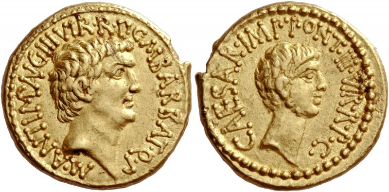Marcus Antonius and C. Caesar Octavianus with M. Barbatius. Aureus, mint moving ...