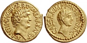 Marcus Antonius and C. Caesar Octavianus with M. Barbatius. Aureus, mint moving with M. Antonius 41, 8.02 g. M·ANT·IMP·AVG·III·VIR·R·P·C·M·BARBAT·Q·P ...