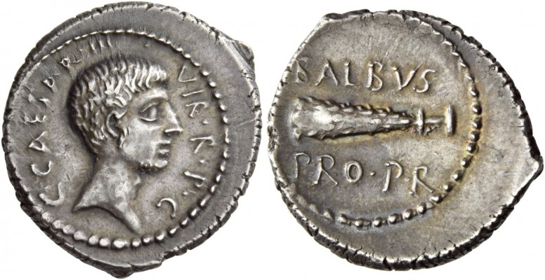 C. Caesar Octavianus with L. Cornelius Balbus. Denarius, mint moving with Octavi...