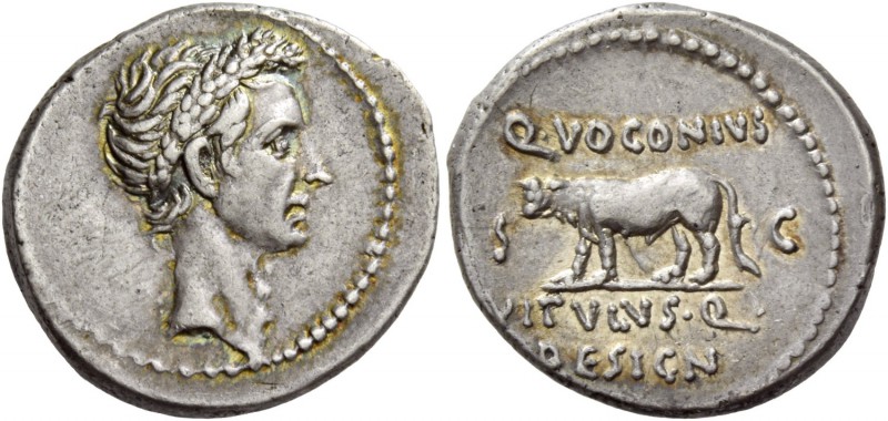 Q. Voconius Vitulus. Denarius 40 (?) or later, AR 3.43 g. Laureate head of Juliu...