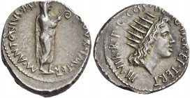 Marcus Antonius. Denarius, mint moving with M. Antonius in 38, AR 3.85 g. M·ANTONIVS·M·F – [M·N·AVG]VR· IMP·TER· M. Antonius, veiled and togate, stand...