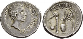 C. Caesar Octavianus. Denarius, mint moving with Octavian 37, AR 3.79 g. IMP·CAESAR· DIVI·F·III·VIR·ITER·R·P·C Bearded head of Octavian r. Rev. COS·IT...