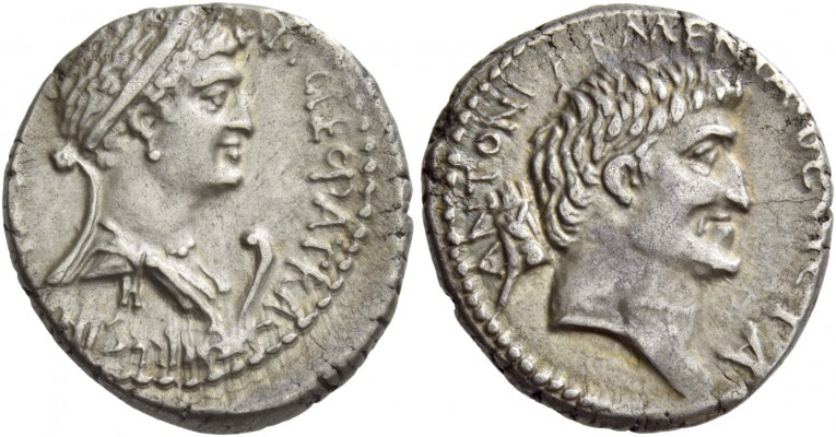 Cleopatra with Marcus Antonius. Denarius, mint moving with M. Antony 32, AR 3.81...